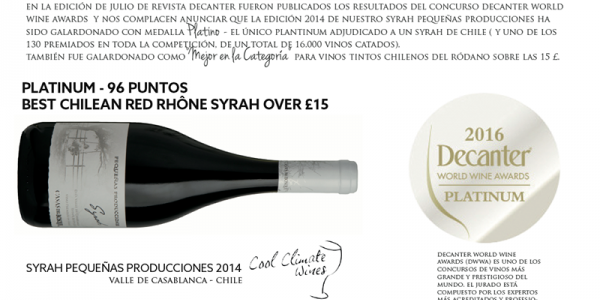 Grandes puntajes en Decanter con nuestro Syrah Pequeñas Producciones 2014!